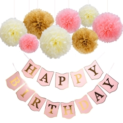 Mudder Happy Birthday Banner Tissue Paper Pom Poms Flower for Birthday Party Decorations