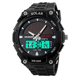 Mudder Men Sports Solar Power 50M Waterproof Outdoor LCD Movement Military Watch, Black