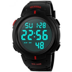 5ATM Waterproof Digital Sports Military Multifunctional Dive Wrist Watch Red